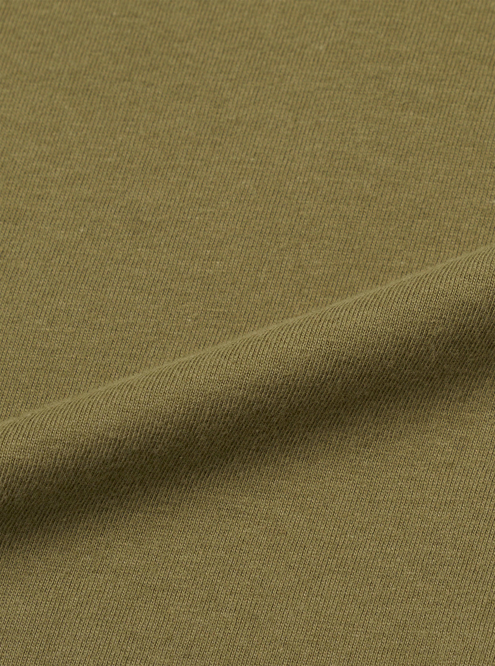 A fabric swatch displaying a close-up texture view of the Walsh x Universal Works Olive Single Jersey T Shirt against a clean white background. The image emphasizes the soft single jersey knit and deep olive green shade.