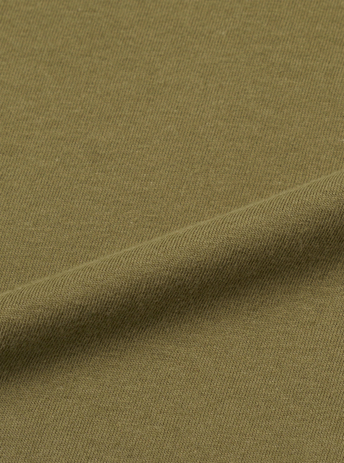 A fabric swatch displaying a close-up texture view of the Walsh x Universal Works Olive Single Jersey T Shirt against a clean white background. The image emphasizes the soft single jersey knit and deep olive green shade.