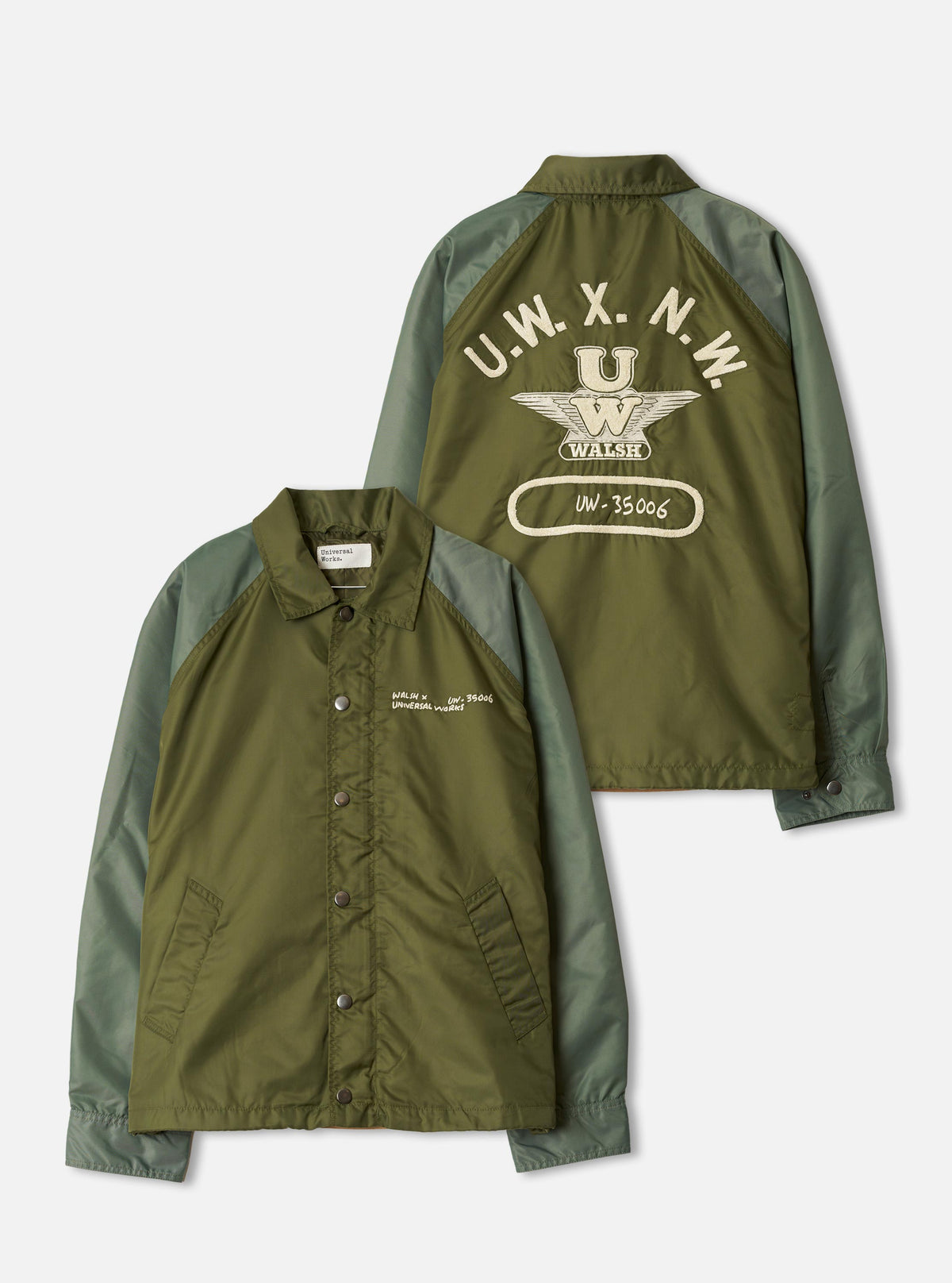 Front and rear view display of the Walsh x Universal Works Olive Flight Nylon Club Coach Jacket set against a plain studio background. Prominent details include the olive green nylon finish, snap closures, and classic collar structure.