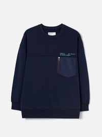 Front view of the Walsh x Universal Works Navy Brushback Sweat Panelled Loose Sweatshirt on a white studio background. Features include a classic crewneck collar, deep navy cotton fleece body, panelled seams, and stretchy ribbed hem.