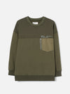 Front view of the Walsh x Universal Works Olive Brushback Sweat Panelled Loose Sweatshirt on a white background. Features include a ribbed crew neckline, panelled seam details, relaxed shoulders, and rich olive green cotton fabric.
