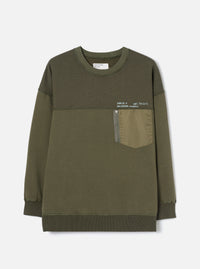 Front view of the Walsh x Universal Works Olive Brushback Sweat Panelled Loose Sweatshirt on a white background. Features include a ribbed crew neckline, panelled seam details, relaxed shoulders, and rich olive green cotton fabric.