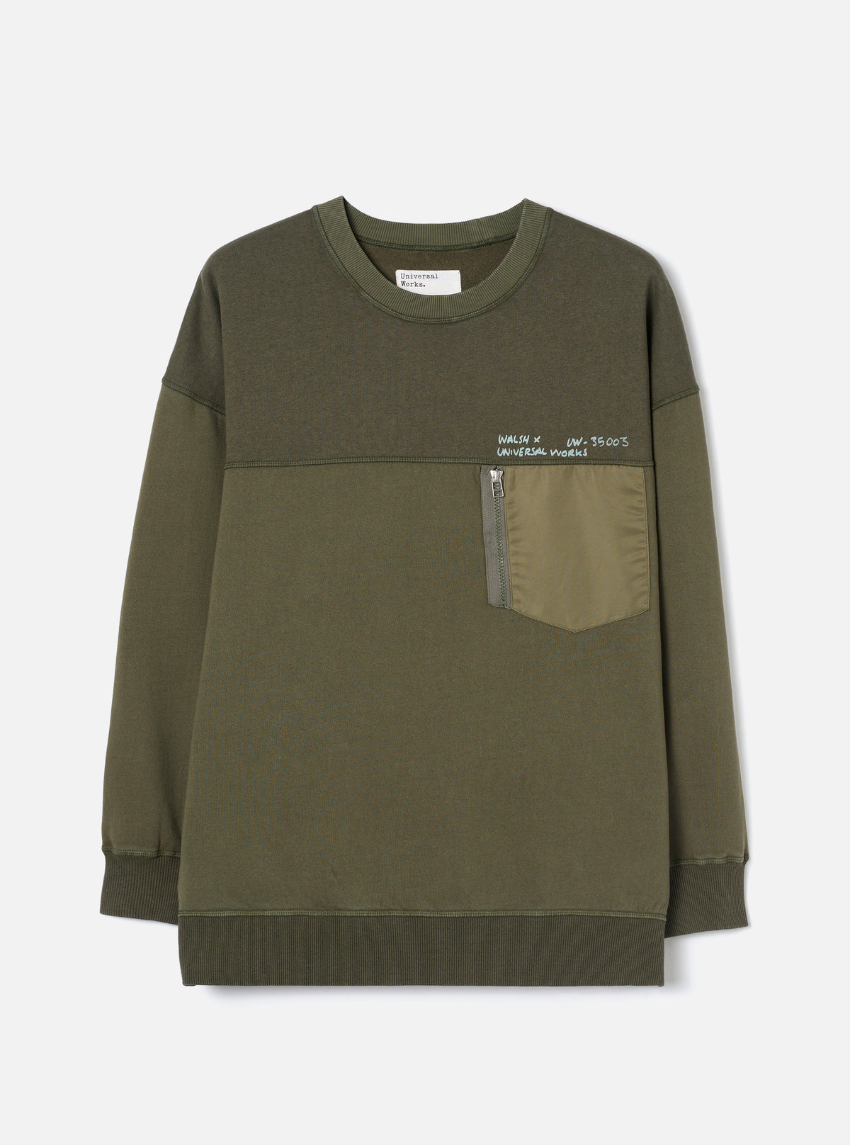 Front view of the Walsh x Universal Works Olive Brushback Sweat Panelled Loose Sweatshirt on a white background. Features include a ribbed crew neckline, panelled seam details, relaxed shoulders, and rich olive green cotton fabric.