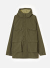 Front view of the Olive WR Recycled Nylon Peak Parka displayed on a plain white background. The jacket features a high collar hood with peak visor, front zip closure, storm flap, large flap pockets, and water-resistant nylon fabric.