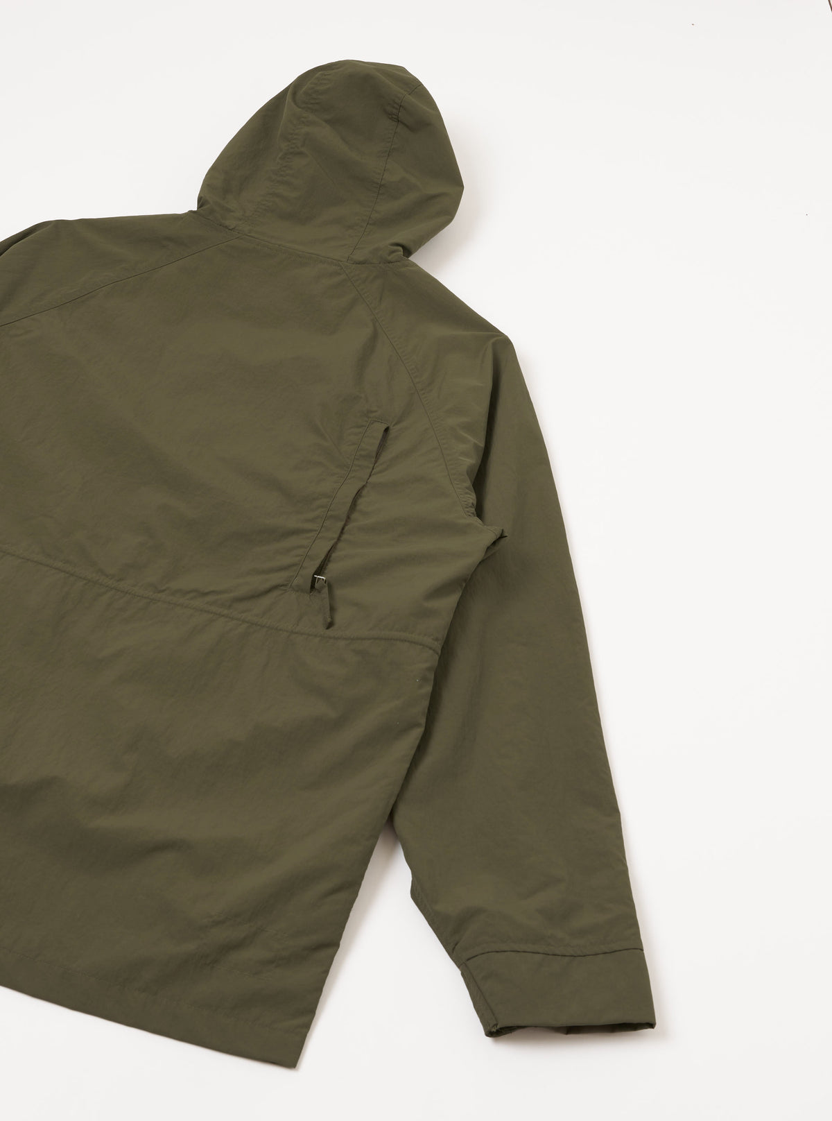 Rear view of the Olive WR Recycled Nylon Peak Parka shown on a white studio background. Prominent features include the protective peaked hood, full-length coverage, clean back yoke panel, and durable olive recycled nylon fabric.