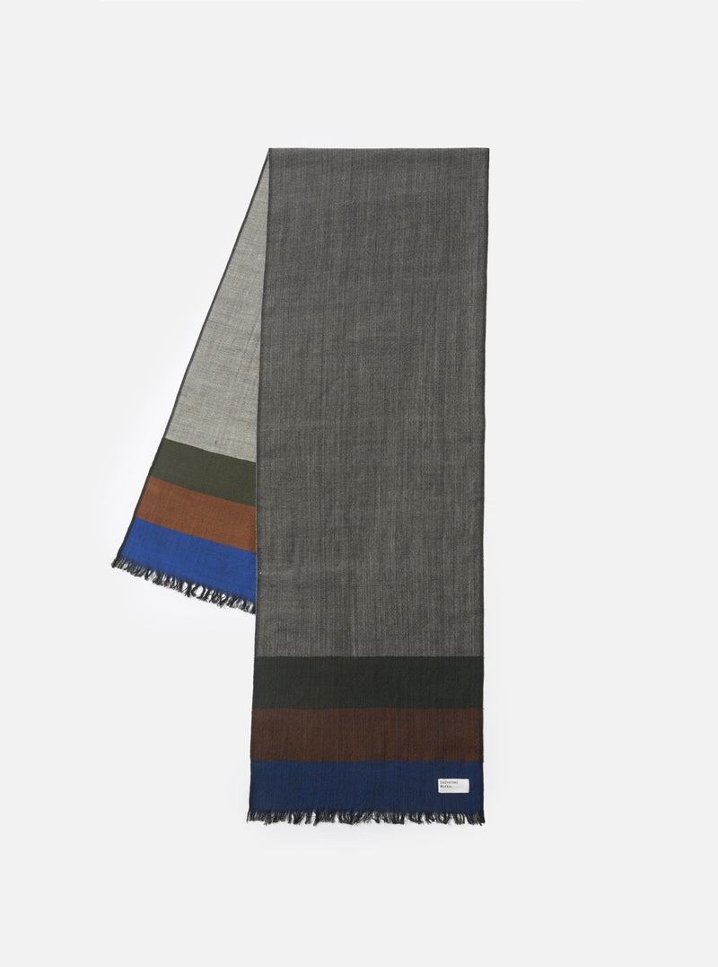 Front layout photograph of the Grey Reversible Wool Himalayan Scarf against a clean white studio background. The image prominently features the soft grey shades, woven wool composition, and fringed border.