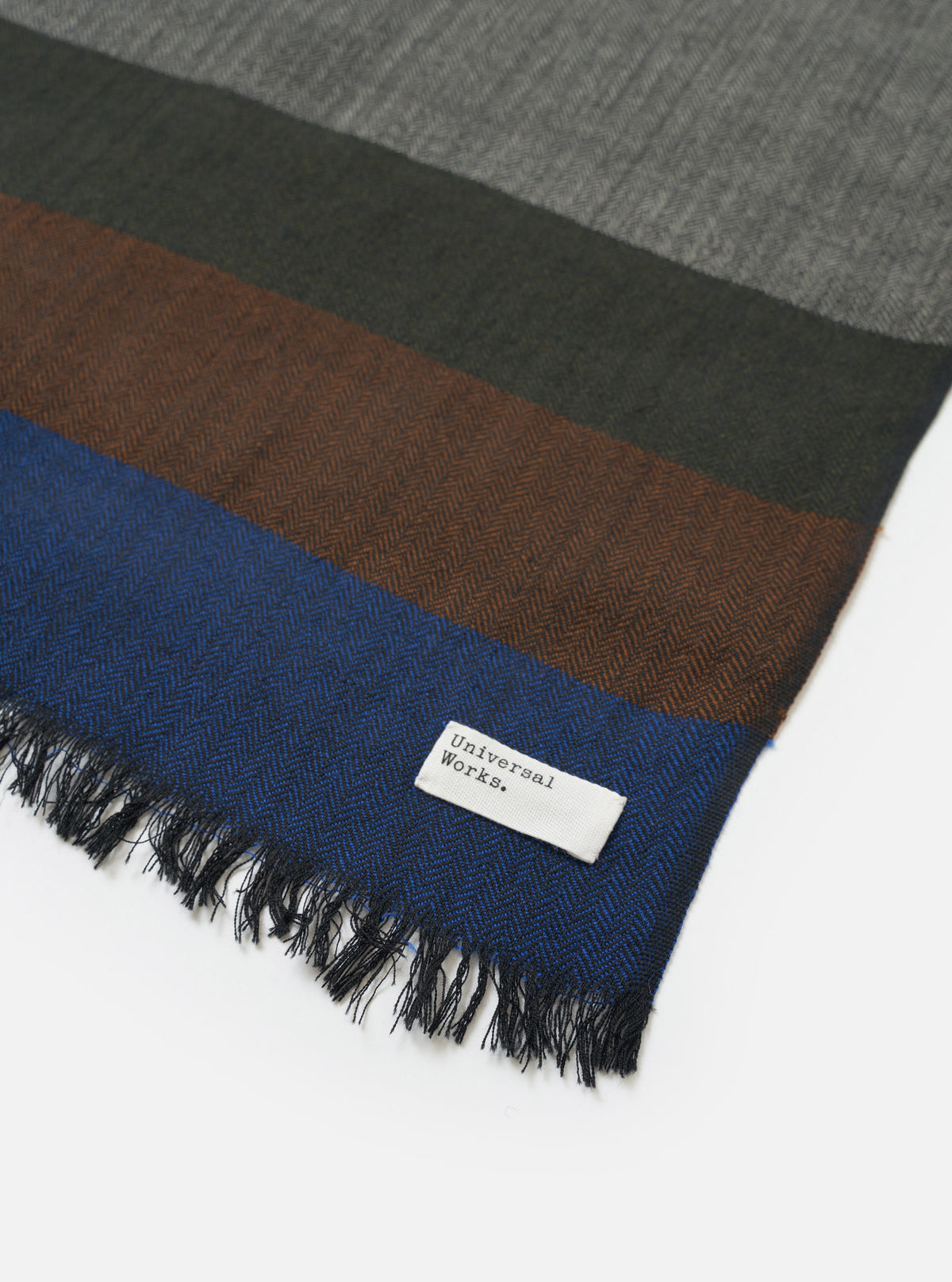 An alternative product view of the Grey Reversible Wool Himalayan Scarf displayed flat on a light background. Prominent elements include the grey pattern mix, tactile wool texture, and neat fringe finishing.