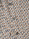 Close-up of the Taupe Lester Dogtooth Franck Jacket, showing the buttoned front placket with three visible grey four-hole buttons. The fabric features a multicolour dogtooth weave in taupe, tan, navy and grey. A welt pocket is visible at the lower left. Plain white studio backdrop.