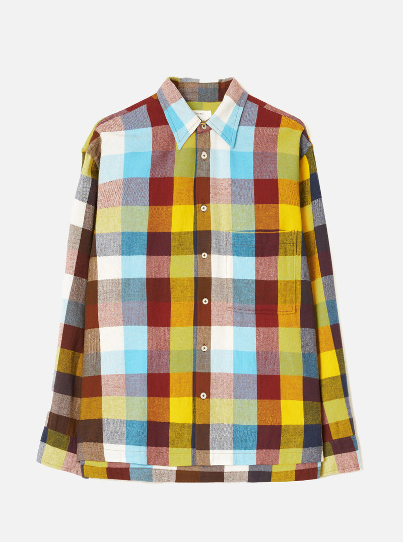 Front product shot of the Multi Check Evans Check Lucky Shirt set against a clean white background. Prominent features include the colorful plaid check pattern, central button placket, collar, and chest pocket.