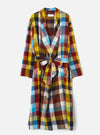 A product shot of the Universal Works Multi Check Evans Check Long Dressing Gown on a plain background. The full-length robe features a colorful multi-check pattern, front tie waist belt, shawl collar, and patch pockets.