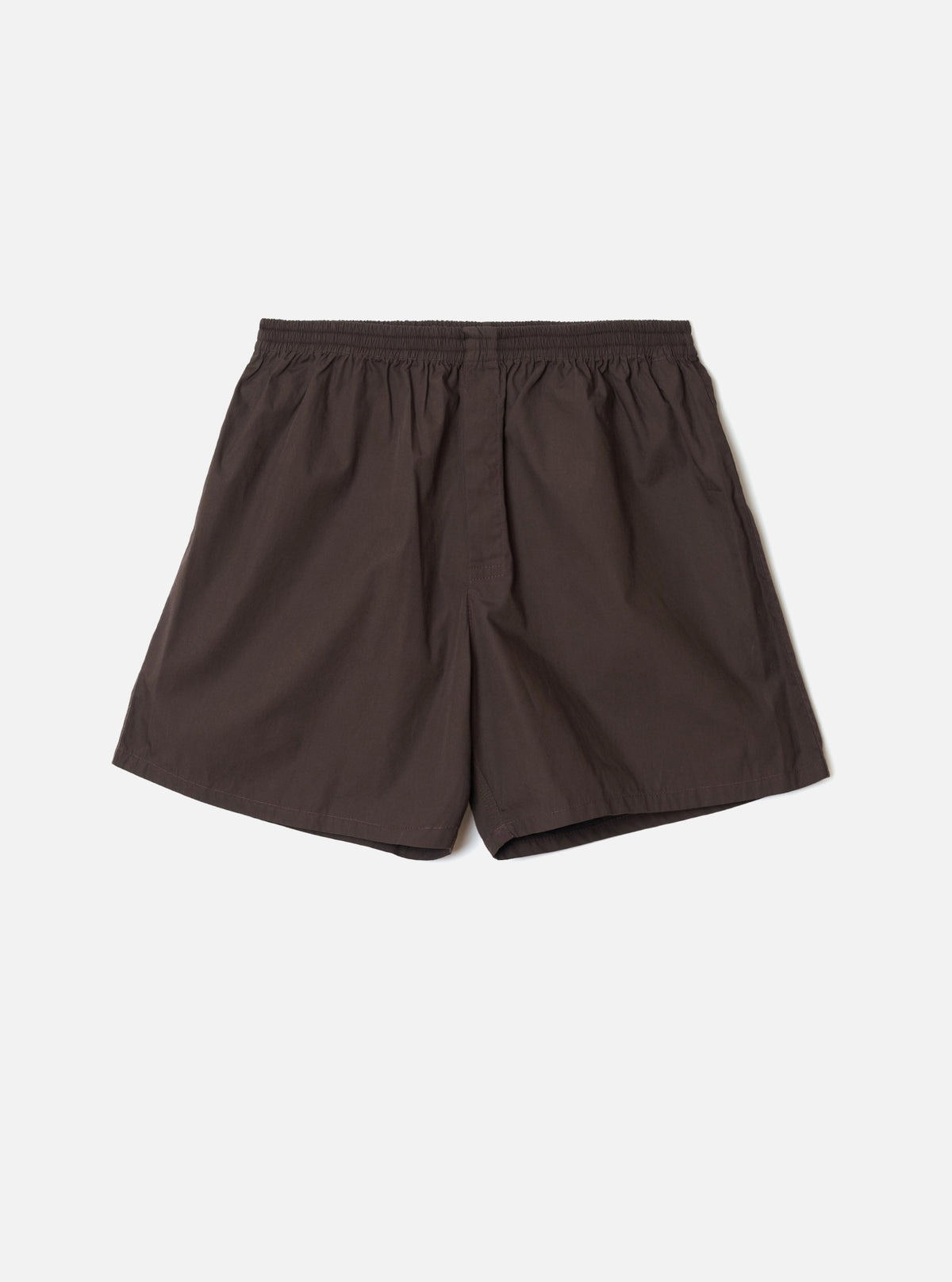 Front view of the Universal Works Brown Broadcloth Boxer Shorts shown on a plain backdrop. Features rich brown cotton broadcloth fabric, smooth elastic waistband, side stitching, and classic relaxed fit.