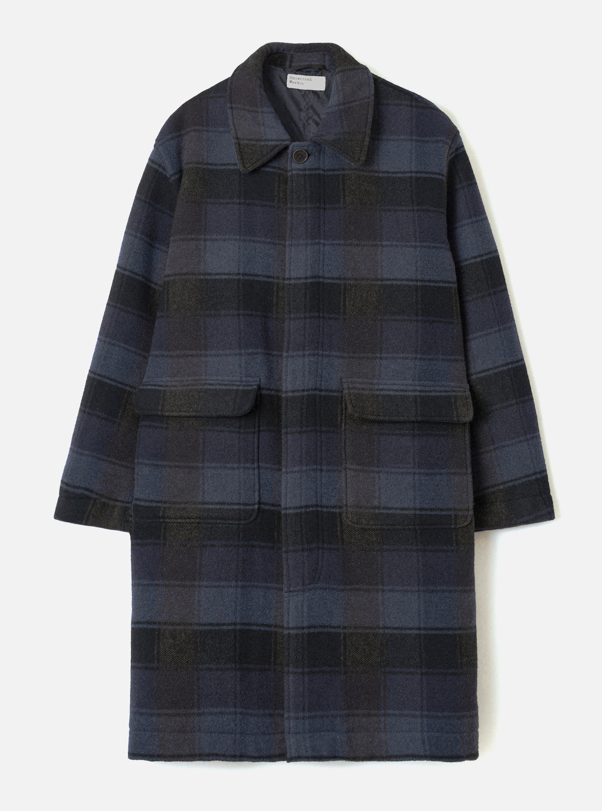 Front view of the Universal Works Navy/Brown Berlin Wool Check Account Coat on a plain background. The long winter coat features a navy and brown checkered pattern, point collar, and large flap patch pockets.