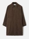 A studio front view of the Navy/Brown Wool Tweed Mix Stan Coat displayed against a plain background. The long coat features a structured collar, full button closure, side slit pockets, and rich dark blue and brown patterned wool tweed.