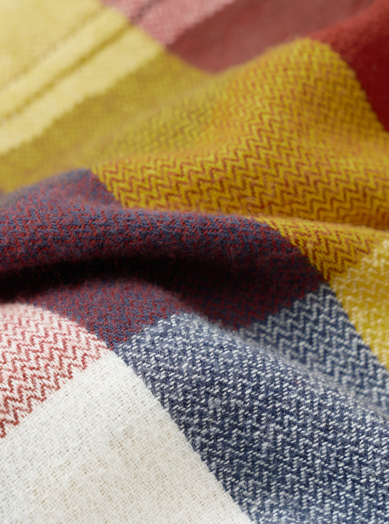 A close-up swatch image detailing the material of the Multi Check Evans Check Short Dressing Gown against a white backdrop. The photo highlights the woven cotton texture and vibrant multi-colored crisscross check grid.