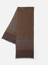 A full view of the Universal Works Brown/Sky/Gold Jacquard Silk Scarf laid flat against a neutral backdrop. The silk scarf shows off a decorative pattern in brown, sky blue, and gold woven directly into the fabric.