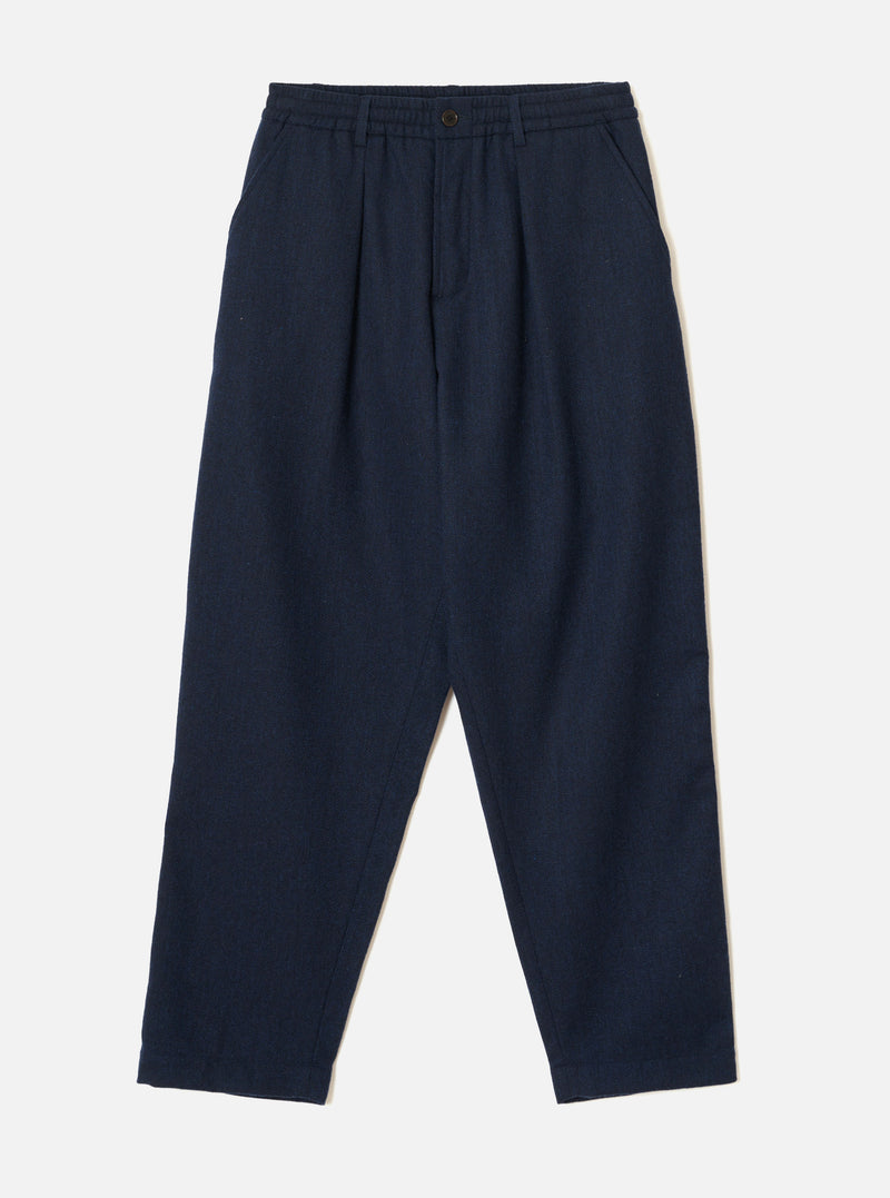 Navy Wool Herringbone Pleated Track Pant
