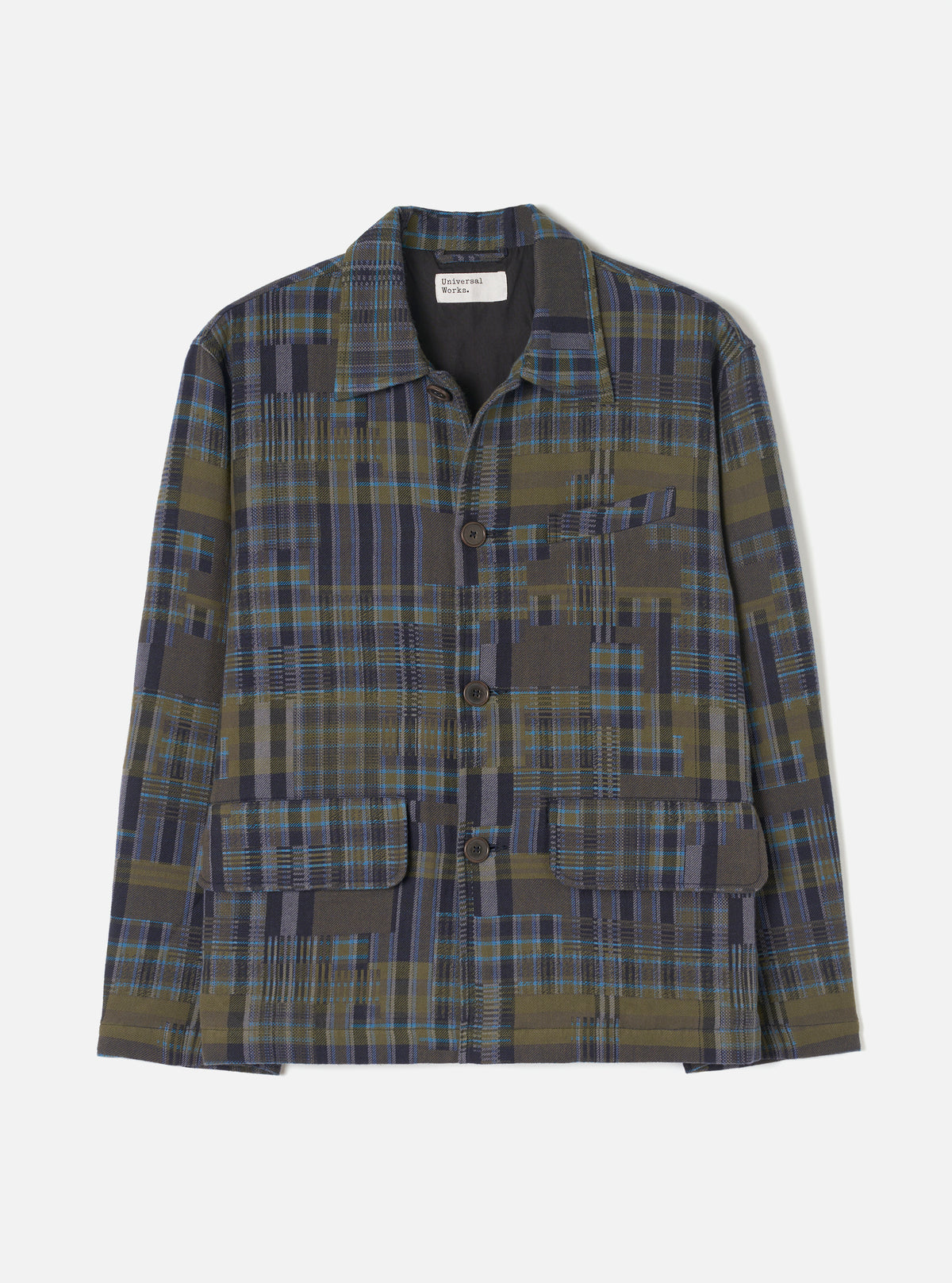 A product shot of the Olive Shadows Check Franck Jacket laid flat on a plain background. The olive green cotton suiting jacket is displayed from the front, highlighting its tailored lapels, front button placket, and patch pockets.