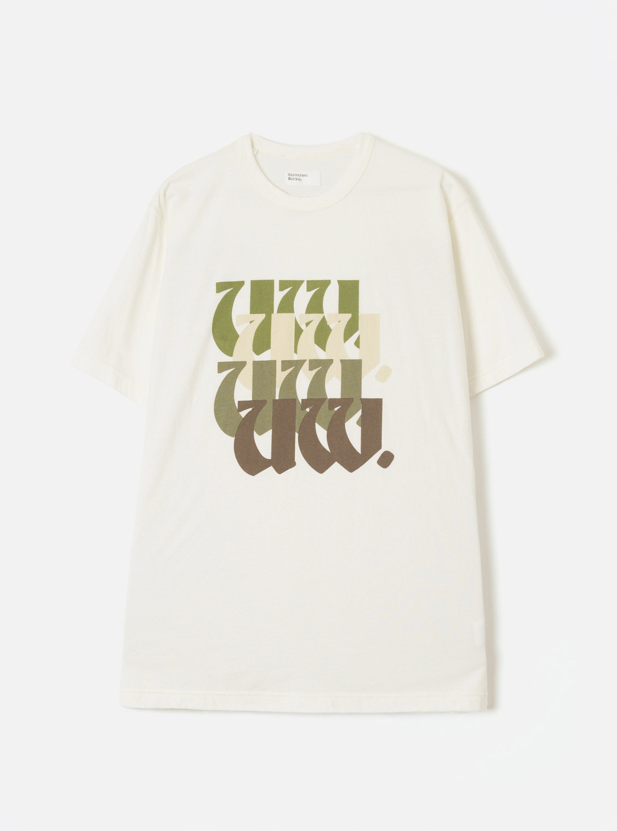 Ecru single jersey T-shirt laid flat on a light grey studio surface. Features a crew neck, short sleeves, and a chest graphic of stacked "UW." lettering in a bold blackletter-style font, transitioning from olive green at the top to dark brown at the base. A small branded woven label sits at the back neck.