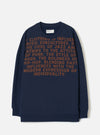 A product shot of the Universal Works Navy Brushback Sweat Cool Of Jazz Loose Sweatshirt displayed flat against a plain background. The navy cotton sweatshirt features a loose fit, ribbed crew collar, long sleeves, and front print.