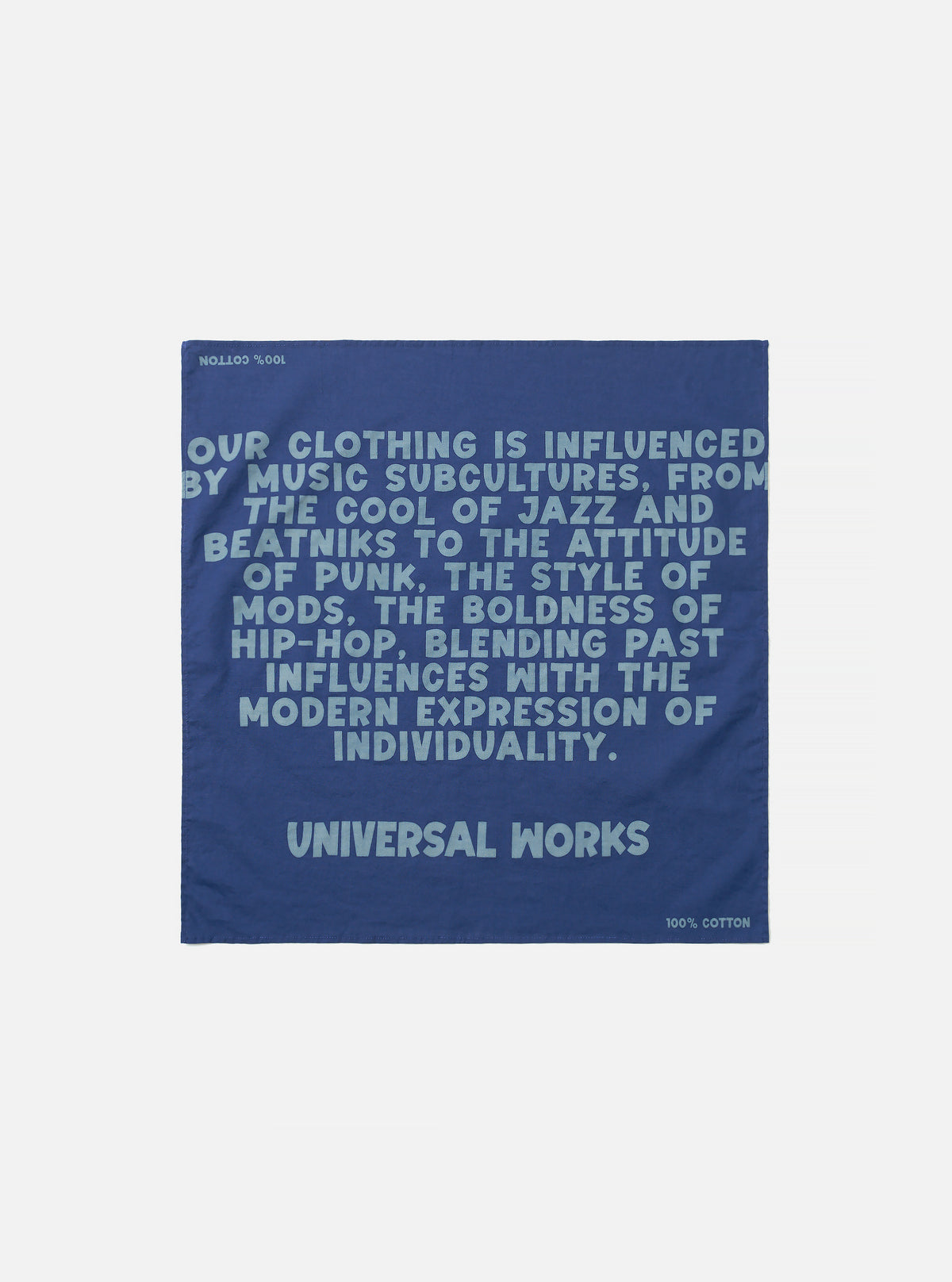 A square Blue Jazz/Beatniks Print Neckerchief laid flat against a plain light background. The cotton neckerchief features a bold graphic text print inspired by jazz subculture throughout.