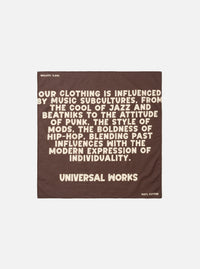 A square Brown Jazz/Beatniks Print Neckerchief displayed flat against a clean light background. Constructed from cotton, it features a bold jazz subculture graphic text print across the scarf.