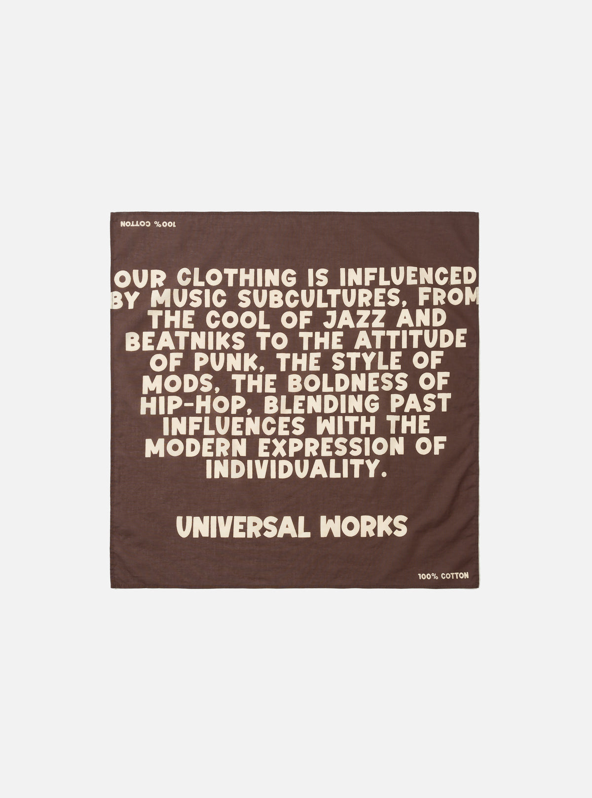 A square Brown Jazz/Beatniks Print Neckerchief displayed flat against a clean light background. Constructed from cotton, it features a bold jazz subculture graphic text print across the scarf.