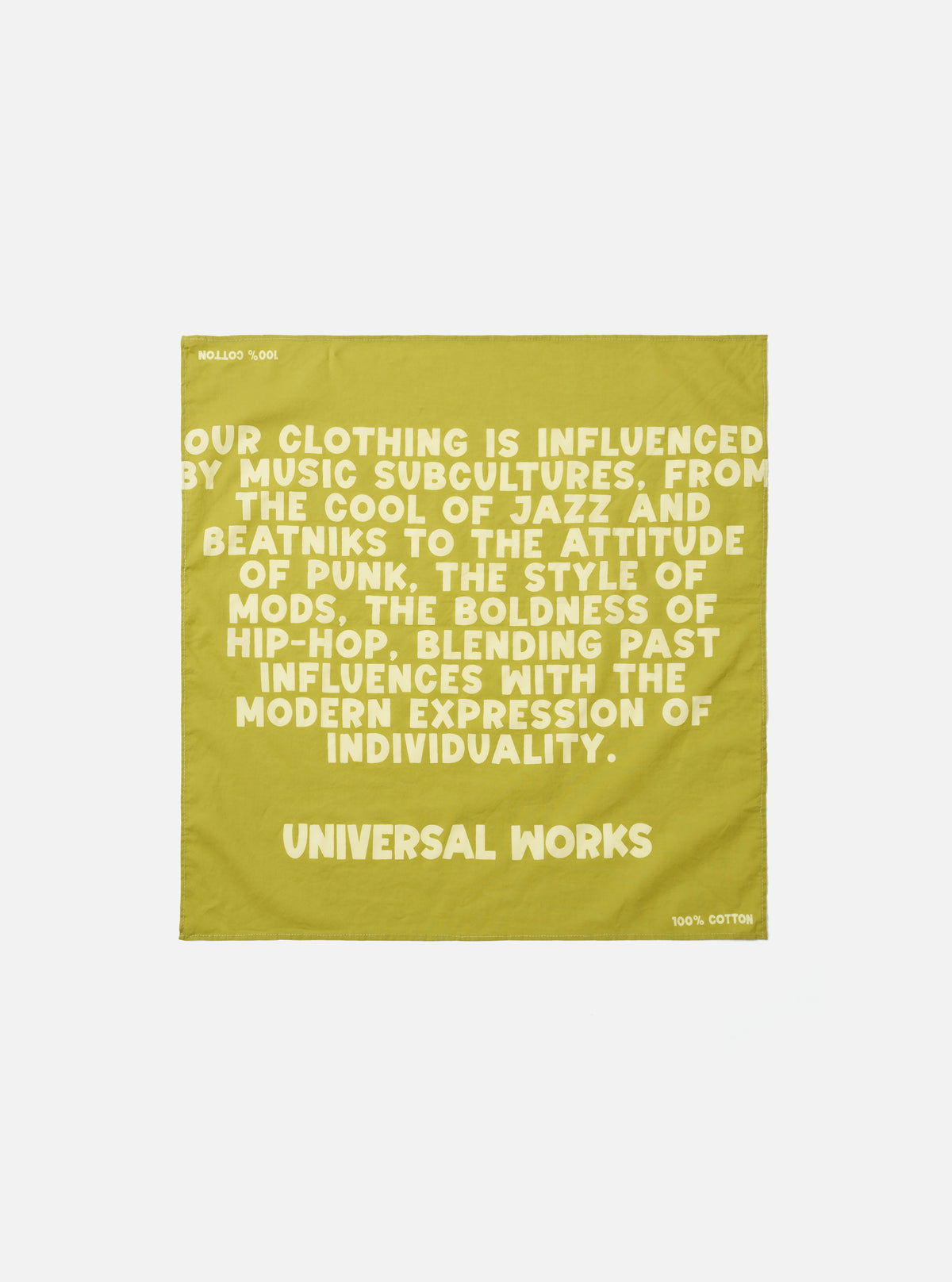 A square Light Olive Jazz/Beatniks Print Neckerchief displayed flat on a clean neutral background. Crafted from cotton, it features a bold graphic text pattern across the fabric surface.