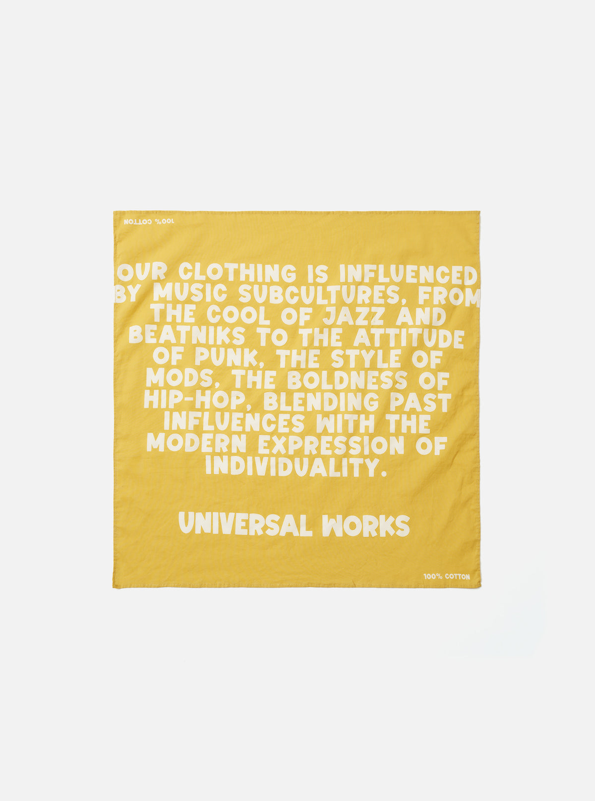A square Mustard Jazz/Beatniks Print Neckerchief laid out flat against a plain studio background. Made from cotton, it features a distinctive jazz-inspired graphic print throughout.