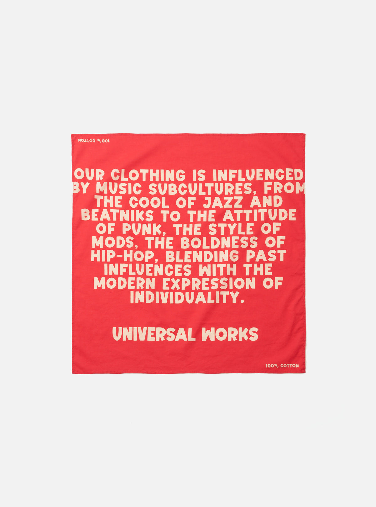 A square Red Jazz/Beatniks Print Neckerchief displayed flat against a clean studio background. The cotton neckerchief features a striking red tone and bold graphic text print detail.