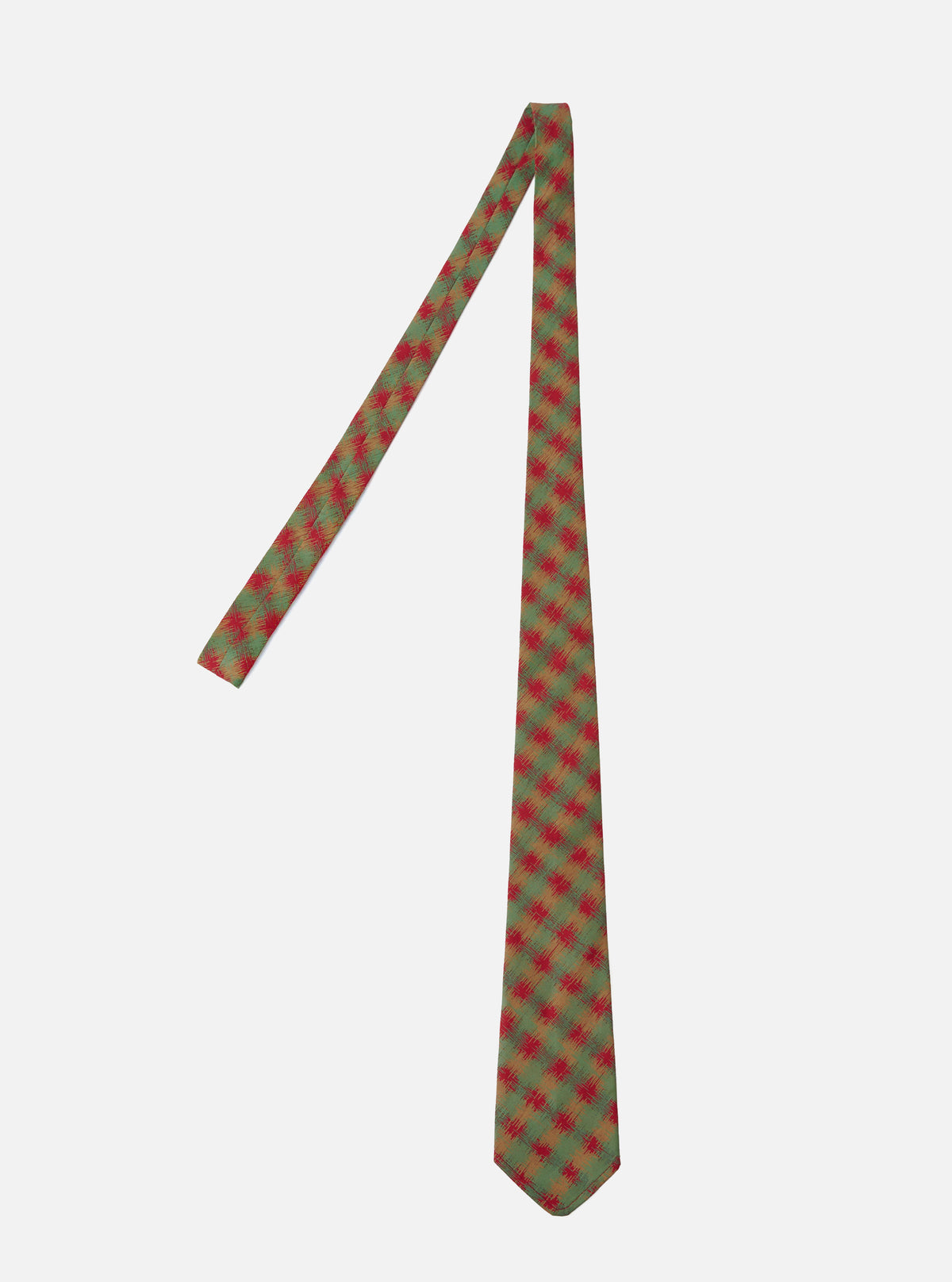The Red/Green/Mustard Sound Wave Rayon Tie laid flat on a neutral background, showing its vibrant multicolored soundwave pattern, glossy rayon-blend fabric, and elegant slim shape.