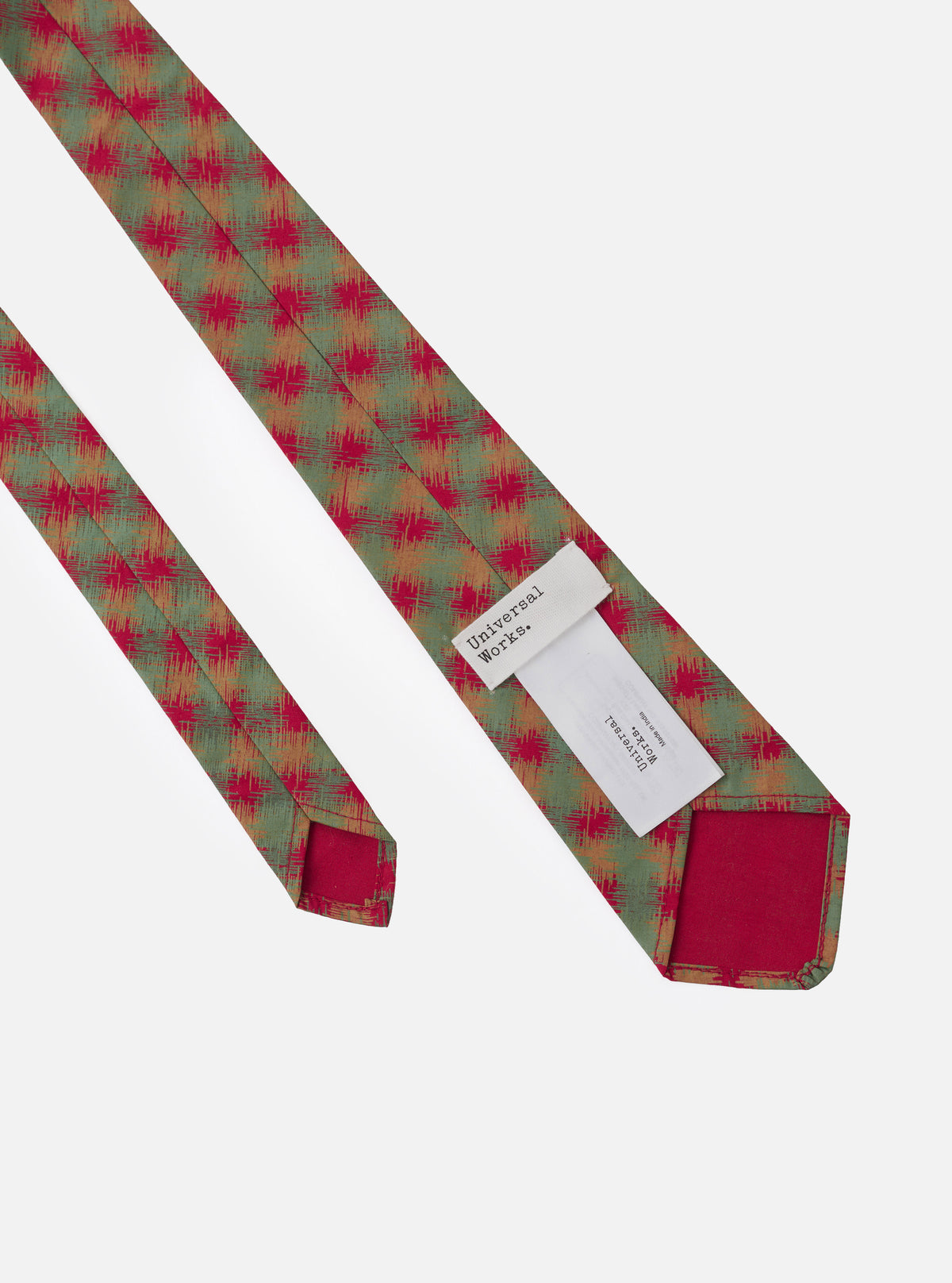 A close-up image of the Red/Green/Mustard Sound Wave Rayon Tie on a clean background, highlighting the fine stitching, vibrant sound wave pattern, and smooth rayon-blend material.