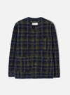 The Navy/Olive Check Daffy Fleece Mix Cardigan displayed flat against a clean studio backdrop. Features a navy and olive checked fleece pattern, buttoned front placket, side pockets, and a soft texture.