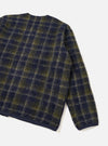 The Navy/Olive Check Daffy Fleece Mix Cardigan displayed flat against a plain studio background. The back view highlights the subtle check pattern, soft fleece fabric, and casual loose silhouette.