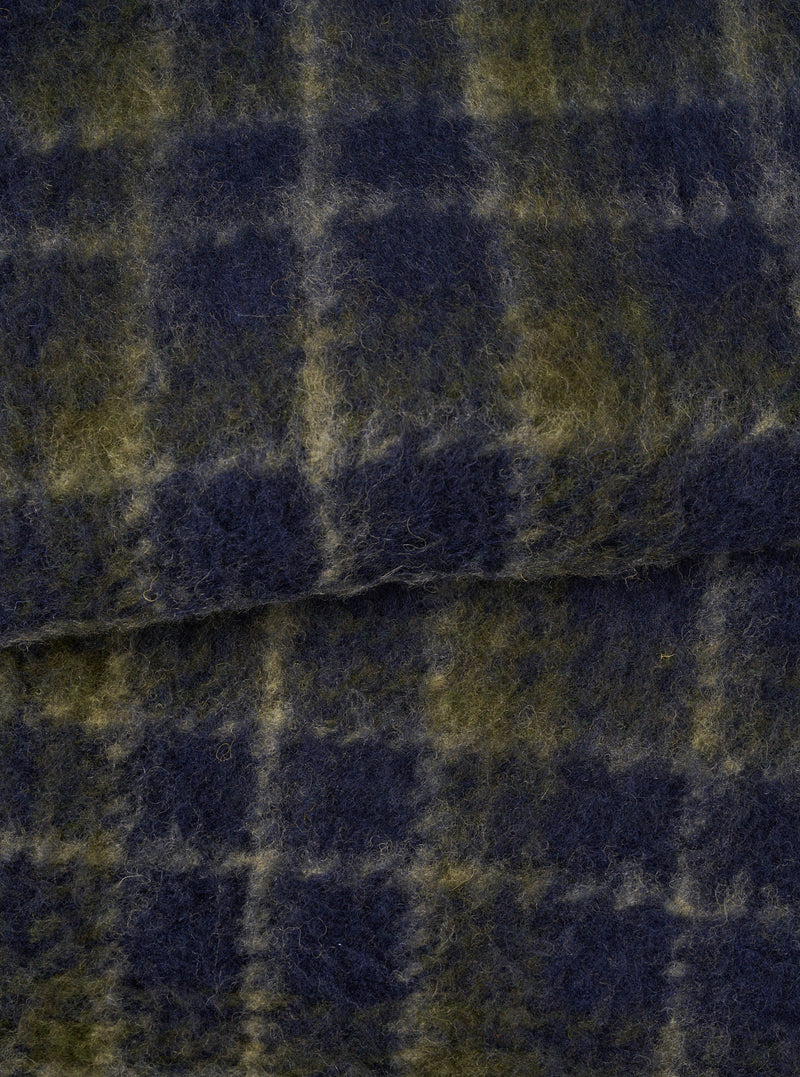 A close-up fabric swatch image of the Navy/Olive Check Daffy Fleece Mix Cardigan on a plain background, highlighting the soft brushed texture, navy and olive check pattern, and wool-blend weave.