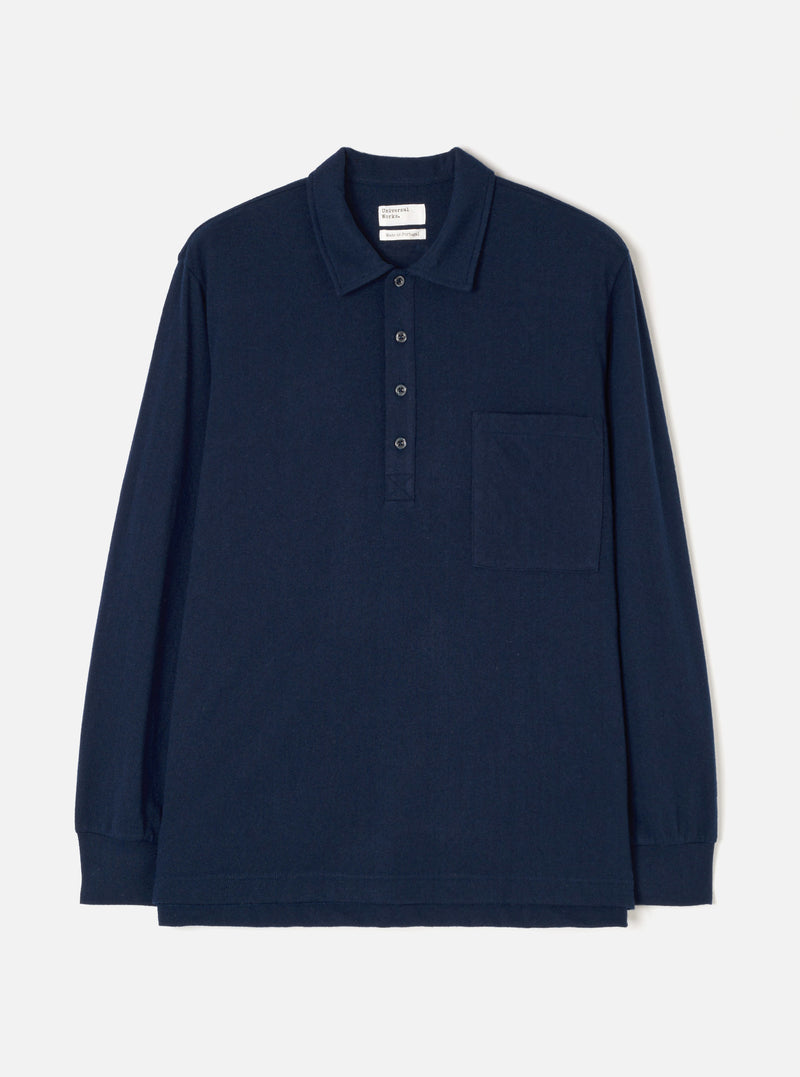 The Dark Navy Recycled Wool Mix SJ Pullover L/S Shirt displayed flat against a plain studio background. The shirt features a buttoned polo placket, pointed collar, single chest patch pocket, and long sleeves.