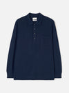 The Dark Navy Recycled Wool Mix SJ Pullover L/S Shirt displayed flat against a plain studio background. The shirt features a buttoned polo placket, pointed collar, single chest patch pocket, and long sleeves.