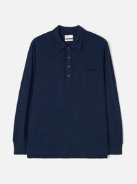 The Dark Navy Recycled Wool Mix SJ Pullover L/S Shirt displayed flat against a plain studio background. The shirt features a buttoned polo placket, pointed collar, single chest patch pocket, and long sleeves.