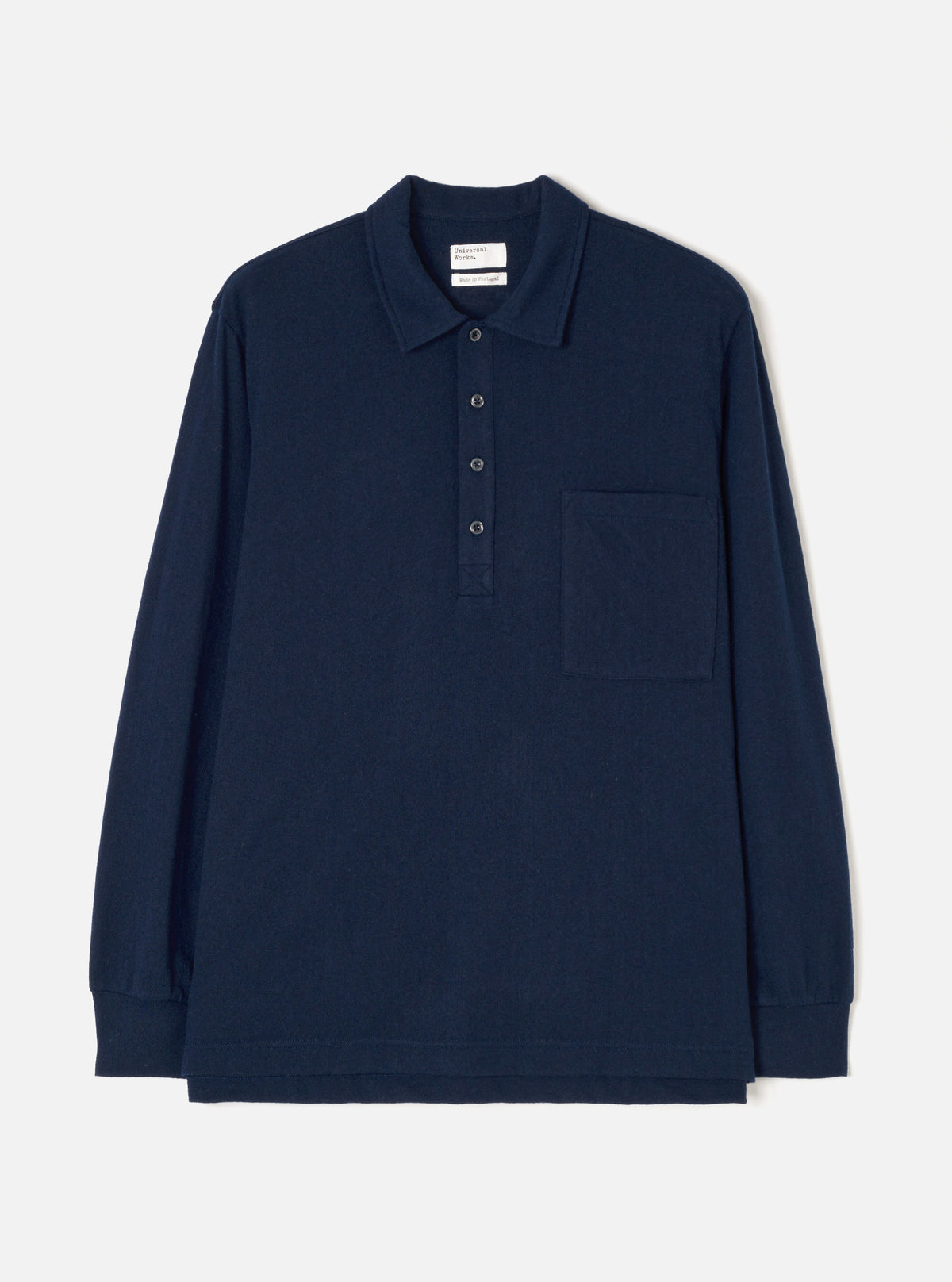The Dark Navy Recycled Wool Mix SJ Pullover L/S Shirt displayed flat against a plain studio background. The shirt features a buttoned polo placket, pointed collar, single chest patch pocket, and long sleeves.