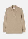 Front view of the Dark Sand Recycled Wool Mix SJ Pullover L/S Shirt on a plain background. The long-sleeve polo features a classic collar, four-button placket, chest patch pocket, and a loose boxy fit.
