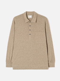 Front view of the Dark Sand Recycled Wool Mix SJ Pullover L/S Shirt on a plain background. The long-sleeve polo features a classic collar, four-button placket, chest patch pocket, and a loose boxy fit.