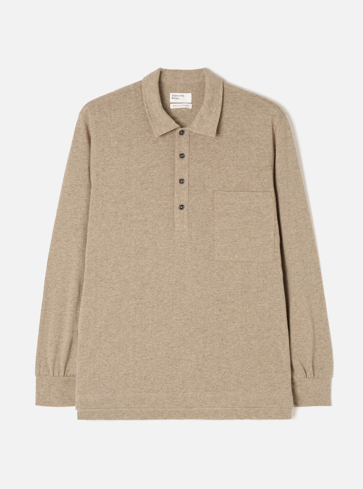 Front view of the Dark Sand Recycled Wool Mix SJ Pullover L/S Shirt on a plain background. The long-sleeve polo features a classic collar, four-button placket, chest patch pocket, and a loose boxy fit.