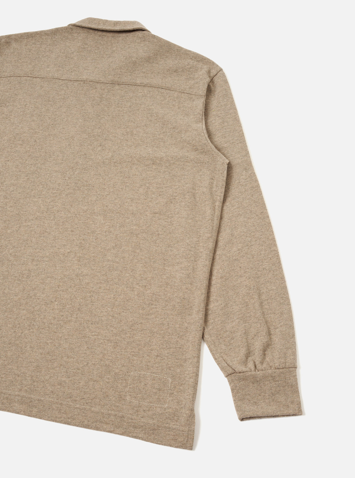 Rear view of the Dark Sand Recycled Wool Mix SJ Pullover L/S Shirt against a plain studio background, highlighting the clean back yoke, long-sleeved silhouette, and textured heathered jersey finish.