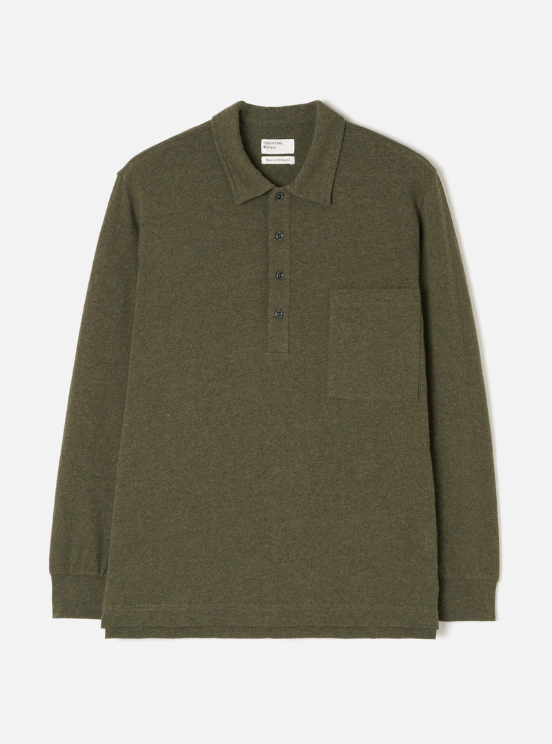 Front view of the Olive Recycled Wool Mix SJ Pullover L/S Shirt set against a plain background. Features a four-button placket front, fashioned collar, chest patch pocket, and long cuffed sleeves.