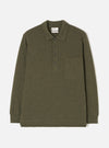 Front view of the Olive Recycled Wool Mix SJ Pullover L/S Shirt set against a plain background. Features a four-button placket front, fashioned collar, chest patch pocket, and long cuffed sleeves.