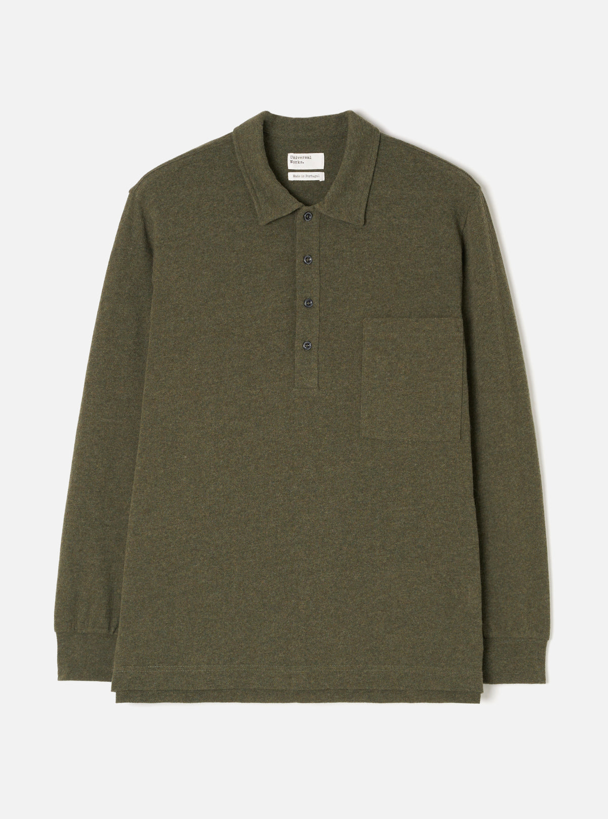 Front view of the Olive Recycled Wool Mix SJ Pullover L/S Shirt set against a plain background. Features a four-button placket front, fashioned collar, chest patch pocket, and long cuffed sleeves.
