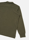 Rear view of the Olive Recycled Wool Mix SJ Pullover L/S Shirt displayed on a light background, showcasing the back shoulder yoke, straight hem, and textured olive green recycled wool jersey fabric.