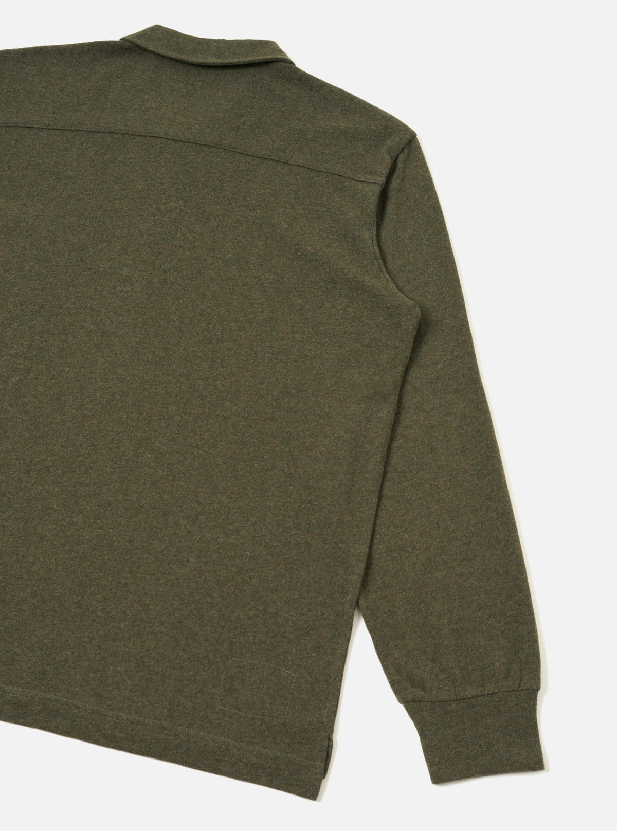 Rear view of the Olive Recycled Wool Mix SJ Pullover L/S Shirt displayed on a light background, showcasing the back shoulder yoke, straight hem, and textured olive green recycled wool jersey fabric.
