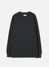 Black long-sleeve pocket tee in a recycled wool mix, laid flat on a light grey studio backdrop. Features a ribbed crew neck with a woven label at the back, a single patch pocket on the left chest, ribbed cuffs, and a plain hem. The jersey fabric has a smooth, mid-weight texture throughout.