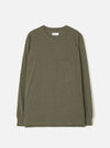 Olive marl long-sleeve pocket tee in a recycled wool mix fabric, laid flat on a light grey seamless backdrop. Features a ribbed crew neck, single patch chest pocket, ribbed cuffs, and a straight hem. A woven brand label sits at the back neck. The muted, flecked texture of the fabric is visible across the body.