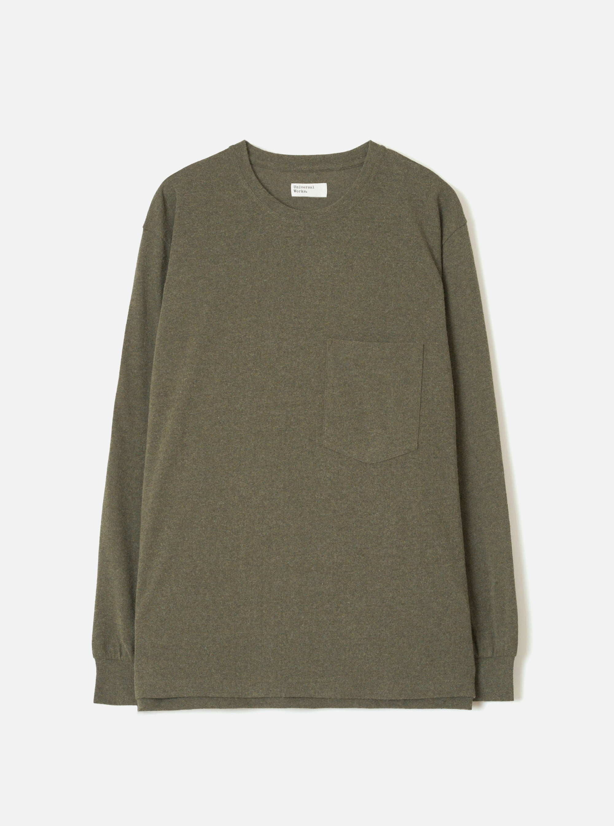 Olive marl long-sleeve pocket tee in a recycled wool mix fabric, laid flat on a light grey seamless backdrop. Features a ribbed crew neck, single patch chest pocket, ribbed cuffs, and a straight hem. A woven brand label sits at the back neck. The muted, flecked texture of the fabric is visible across the body.